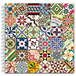 Modernista Tiles 16x16 cm Notebook, a colorful and patterned notebook featuring a collage of traditional tile designs in various shapes, colors, and styles.