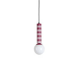  Pendant lamp with pink and white checkered pattern, cylindrical shape, frosted glass globe, modern minimalist design.