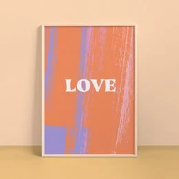 A vibrant, abstract poster featuring the word "LOVE" in bold text against a background of warm, pastel colors and textured brushstrokes.