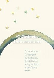  "Condolence card with rainbow arch, stars, German text, white envelope, sympathy greeting"