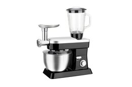 A versatile 3-in-1 food processor with a powerful motor, stainless steel bowl, and multiple attachments for chopping, blending, and mixing. Available in silver and black color variants.