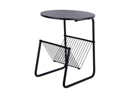 Black round side table with metal frame and wire storage basket, modern minimalist design.