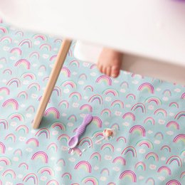 Splat mat with rainbow pattern, light blue background, pink and purple rainbows, waterproof playmat for kids.