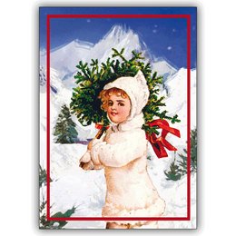 A classic Christmas card with a snow motif, featuring a young girl in a white winter outfit holding a wreath in front of a snowy mountain landscape.