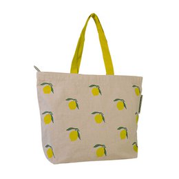  Durable shopping bag made from recycled bedding, featuring a repeating pattern of yellow lemons on a beige background.