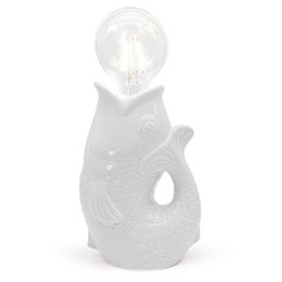  A decorative table lamp in the shape of a fish, with a white ceramic body and two light bulbs. The lamp has a unique and whimsical design that would add a touch of playfulness to any room.