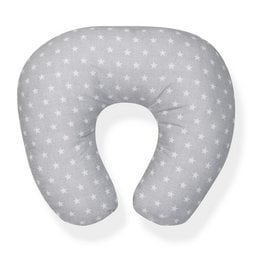 A gray and white star-patterned breastfeeding pillow measuring 65x65 cms, made of cotton. Provides comfortable support for nursing mothers.