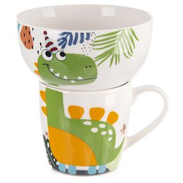  Colorful ceramic kids mug and bowl set featuring a playful dinosaur design. The set includes a mug and a matching bowl, perfect for serving meals or snacks to children.