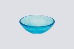  Small turquoise blue glass bowl, 9 inches wide by 4 inches tall, with a simple, round shape.