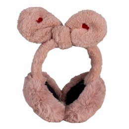 Soft, plush pink earmuffs with a cute bow design, perfect for keeping kids' ears warm during the cold winter months.