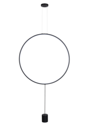 A modern, minimalist pendant light with a large circular frame in a black finish. The light source is a single LED bulb suspended from a slim metal rod.