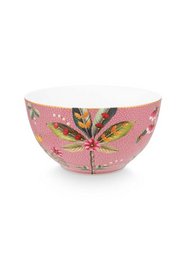 A round, pink ceramic bowl with a floral pattern featuring leaves and flowers in shades of pink, yellow, and green.