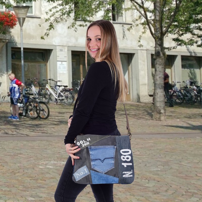Sunsa Bæredygtig Skuldertaske til kvinder. Skuldertaske lavet af genbrugte jeans & canvas (canvas). Håndtaske i vintage retro stil. Crossbody taske til kvinder.