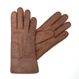  Brown leather gloves with peccary and alpaca materials, available in various sizes and colors including cork, black, and fawn.