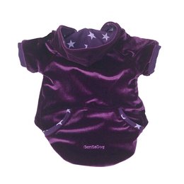 A plush purple pet hoodie with white star patterns, designed for small dogs or cats. The hoodie features a cozy hood and soft velvet material.