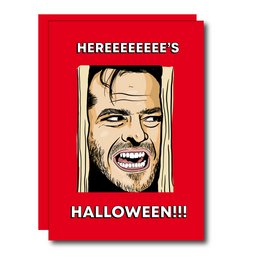 A red greeting card with a close-up illustration of a man's face screaming "HEREEEEEEE'S HALLOWEEN!!!" in a bold, stylized font.
