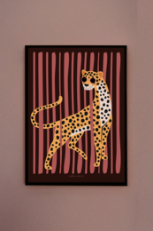 Colorful poster featuring a stylized leopard or cheetah design with a striped background. The poster has a modern, abstract style and would be suitable for decorating a child's room or nursery.