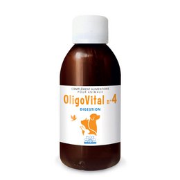  Oligovital N°4 is a veterinary supplement containing trace elements for animal digestion. The 150 ml bottle is designed for pet care.