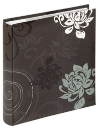 Black photo album with white floral flower design, decorative botanical pattern, 11.5x15.5cm memo book