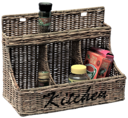 Woven wicker organizer rack with multiple compartments for storing kitchen items. Features a rustic, natural design with the word "Kitchen" printed on the front.