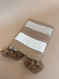 Striped plaid wall mirror with horizontal stripes, camel beige grey colors, tassel fringe trim, medium size.
