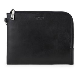  A black leather clutch with a zipper closure and the Bossi logo. The clutch appears to be a simple, minimalist design suitable for everyday use.