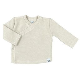 Beige wrap-style baby shirt with long sleeves. Made from soft, comfortable ribbed fabric. Available in sizes 44, 50/56, 62/68, and 74/80.