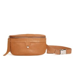Tan leather shoulder bag with multiple compartments and adjustable strap.