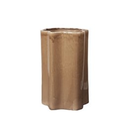 Large brown wooden hexagonal planter pot, natural wood finish, tall cylindrical shape for plants