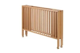 Wooden folding travel crib, 120x60 cm, natural color, suitable for infants and toddlers.