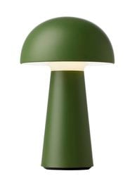 Olive green table lamp with a rounded dome-shaped shade and a tapered base.