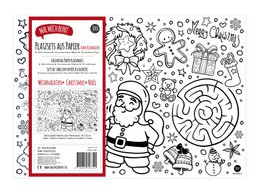 12 Christmas-themed coloring paper placemats featuring festive designs and patterns including Santa Claus, gifts, trees, and other holiday icons.