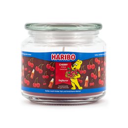  A round, tall glass jar containing a red, cherry-cola scented candle. The jar has a blue and red label with the Haribo logo and text indicating the cherry cola scent.

The product is a 300g scented candle with a cherry cola fragrance. The candle is contained in a clear glass jar with a blue and red label featuring the Haribo logo. The candle itself appears to be a deep red or burgundy color.