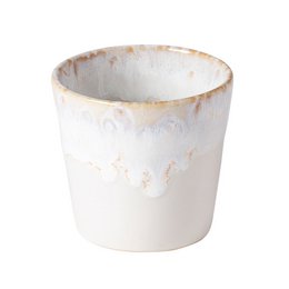 A white ceramic lungo cup with a subtle gold pattern design, suitable for serving coffee or other hot beverages.