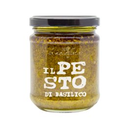 A jar of basil pesto containing 190 grams of the savory Italian sauce. The pesto is made with fresh basil, olive oil, pine nuts, and Parmesan cheese, providing a flavorful topping for pasta, bread, or other dishes.