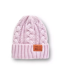 A blue braided knit hat for kids, featuring a cozy cable knit pattern and a small leather patch on the front.