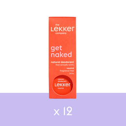  Pack of 12 neutral deodorants in a cardboard box with the Lekker brand name and logo.