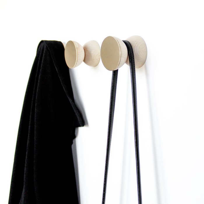 Double Round Beech Wood & Brass Wall Hook / Knob