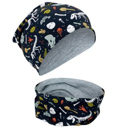 Navy blue winter hat and scarf set with dinosaur skeleton print, suitable for kids.