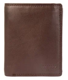 Brown genuine leather men's wallet with RFID protection, compact coin pocket design, stitched edges