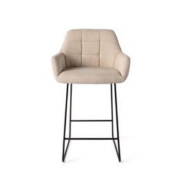 Beige upholstered bar chair with black metal frame. Arch-shaped backrest and padded seat for comfort. Suitable for use as a counter or bar stool.