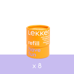  8 pack of Lekke deodorant refill canisters in a bright orange color with the Lekke logo. The deodorant is described as "have fun" on the label.