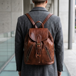  Brown leather backpack, vintage Moroccan artisan rucksack, drawstring closure, classic style