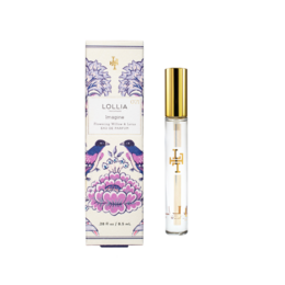 Floral, feminine eau de parfum in a clear glass bottle with a purple and blue floral design.