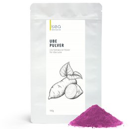Purple ube powder, vibrant magenta color, yam root supplement, latte drink mix, natural ingredient powder.