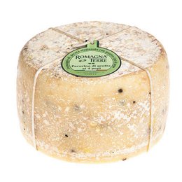  A round, semi-soft sheep's milk cheese with a natural rind and visible peppercorns throughout the paste. The cheese has a creamy, slightly peppery flavor.