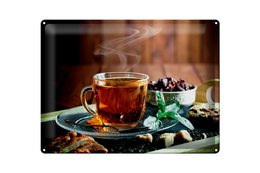  Steaming cup of tea on tray, tin sign, decorative wall art, warm brown tones, vintage style