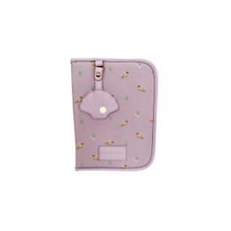  A beige document holder made of canvas material with a leather accent and a metal key-shaped charm. The holder has a rectangular shape and appears to be designed for storing and organizing documents.