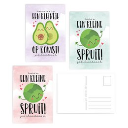 Greeting cards featuring avocado designs with text "Een kleine sprout!" (A little sprout!) in Dutch. The cards have a whimsical, playful style and are suitable for various occasions.