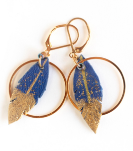 Royal blue leather feather hoop earrings